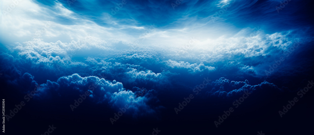Ethereal clouds in dark navy and white, dreamlike horizons, aerial view with chiaroscuro. Realistic yet dreamy atmosphere. High detailed shot