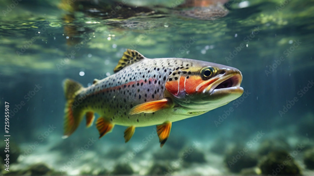 Naklejka premium Underwater majestic view trout fish swimming in freshwater near the bottom