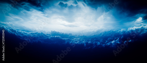 Ethereal blue clouds with beams in dark navy and white. Realistic yet dreamlike, high-angle view, chiaroscuro effect. Detailed and captivating © Life Background