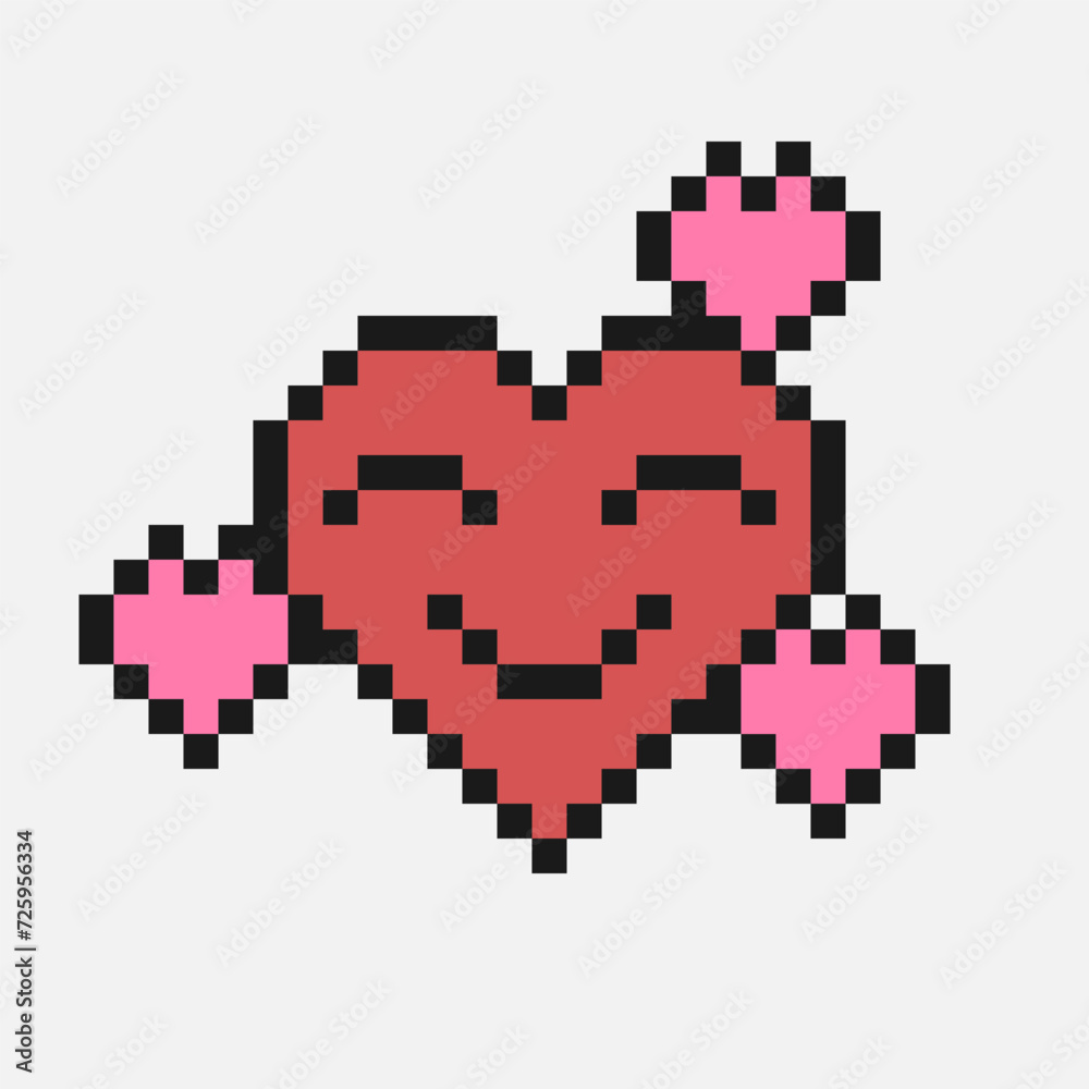 Pixel style heart emoji. Smiling face with hearts. 90s style emoticon