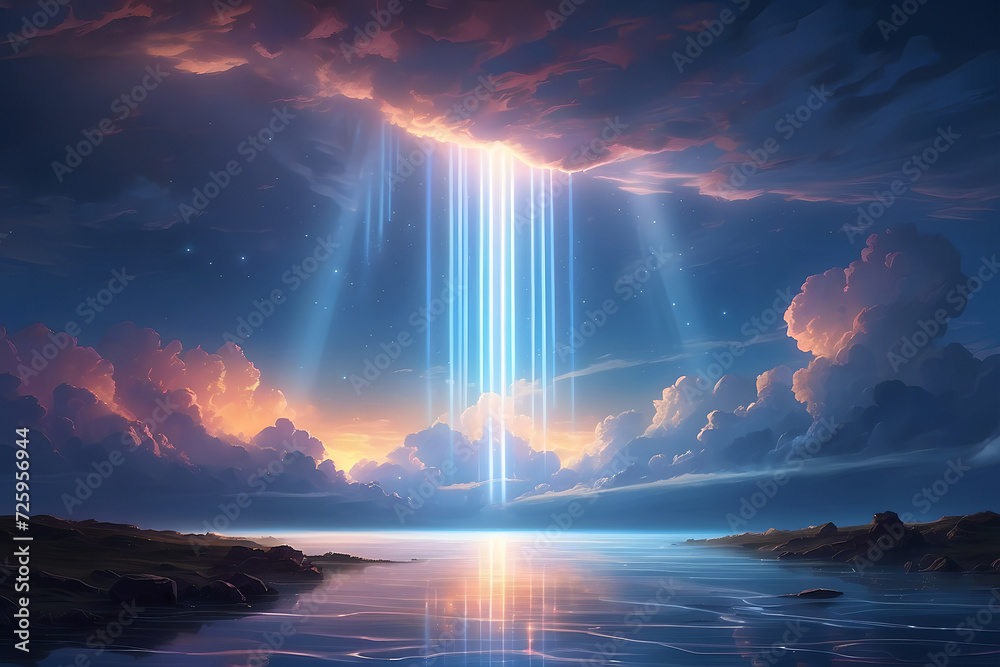 A magical view of the light pillars phenomenon reflecting on the surface of the sea.

