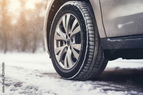 Wallpaper Mural a car wheels on the background of a winter road and a beautiful landscape, a snow-covered forest, a concept of traffic safety on a slippery road Torontodigital.ca