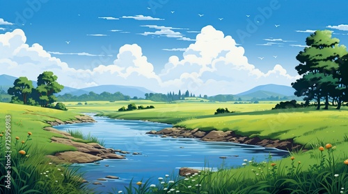 illustration, landscape of a sunny summer day river and grass