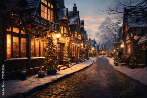 village street in winter season decorated for Christmas or New Year holiday, beautiful view of exteriors of houses , snow, sunset, street lights, festive environment