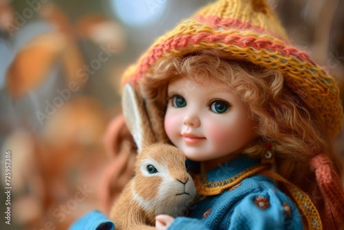 adorable doll girl joyfully cuddles knitted hare  Generative AI