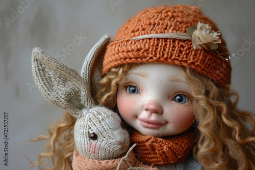 adorable doll girl joyfully cuddles knitted hare, Generative AI