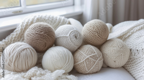 Balls of wool, white, ivory and beige shades