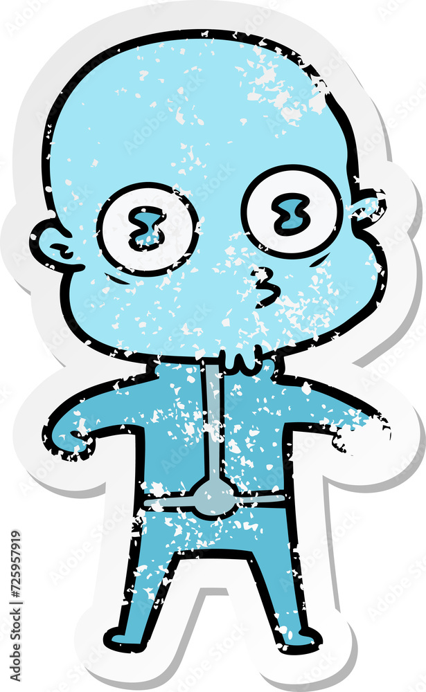 distressed sticker of a cartoon weird bald spaceman distressed sticker of a cartoon weird bald spaceman