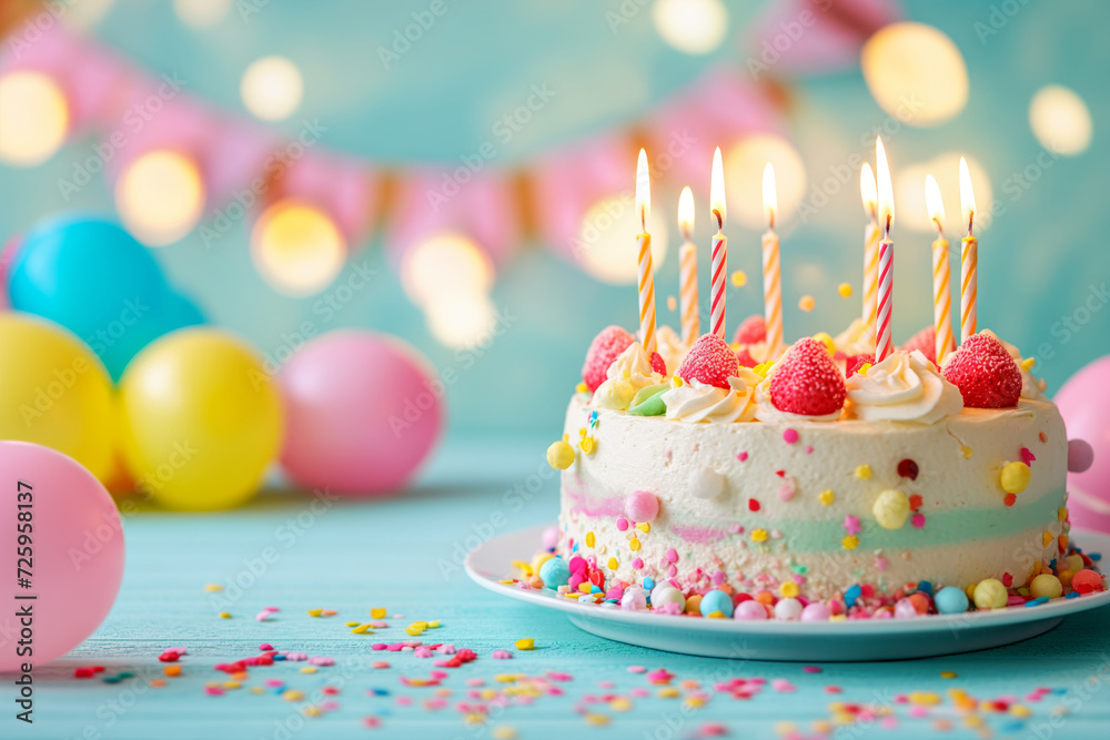 Colorful birthday cake with lit candles, sprinkles, and balloons in the background. Colorful birthday cake with lit candles, sprinkles, and balloons in the background.