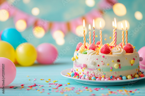 Colorful birthday cake with lit candles  sprinkles  and balloons in the background.