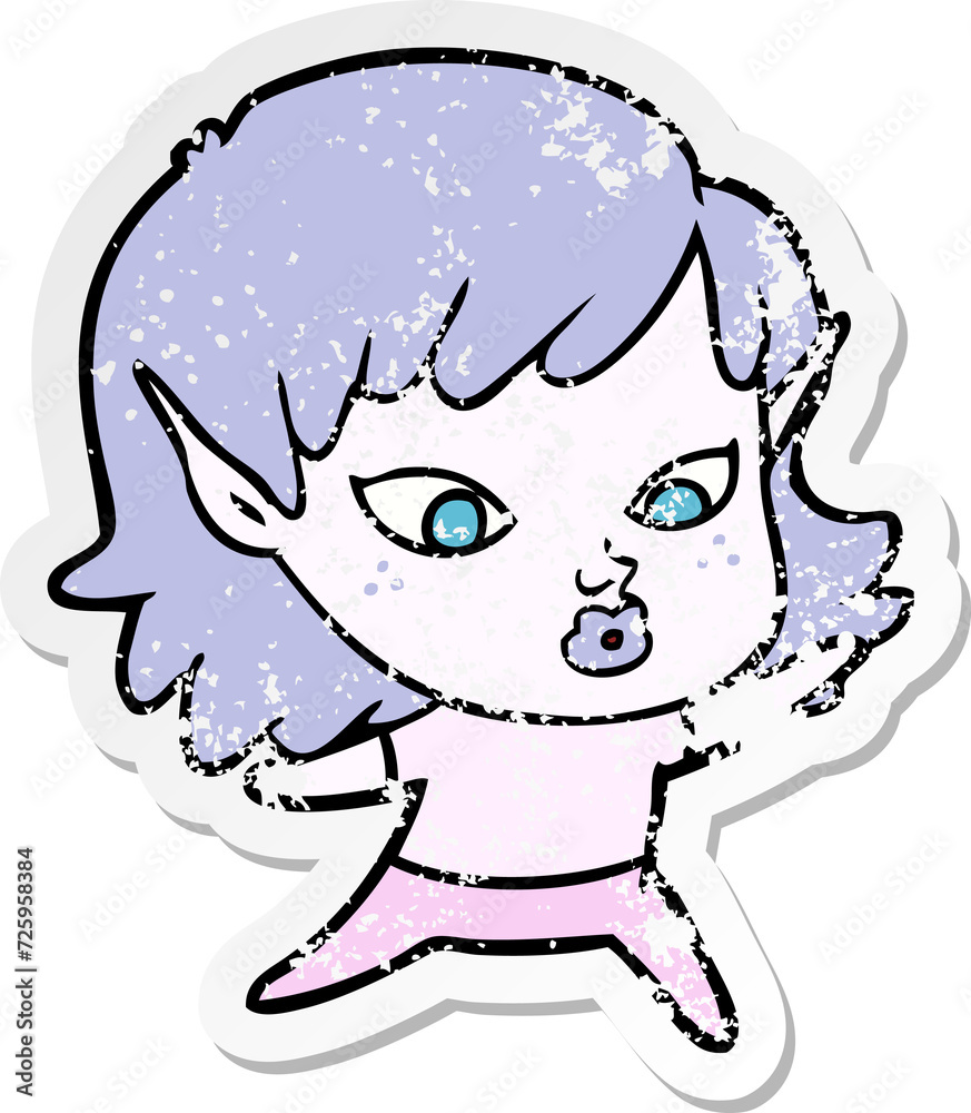 distressed sticker of a pretty cartoon elf girl distressed sticker of a pretty cartoon elf girl