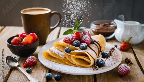 Delicious Chocolate Crepe Breakfast - Fresh Crepe - Berries - Fruit - Coffee - Fresh Breakfast - Morning Meal photo