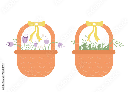 Baskets set with flowers bouquet. Spring elements isolated on white background. Vector flat illustration