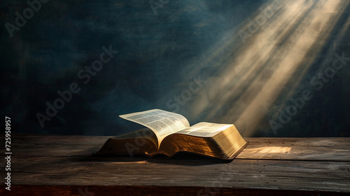 An open holy book on a wooden lectern in a beam of celestial light, religion background, dynamic and dramatic compositions, with copy space