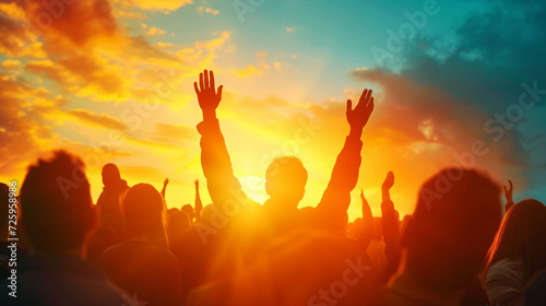 Silhouettes of people with hands raised in worship at a religious service, against a vibrant sunset, religion background, dynamic and dramatic compositions, with copy space