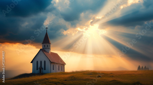 A dramatic sky with rays of light breaking through the clouds above a peaceful chapel, religion background, dynamic and dramatic compositions, with copy space