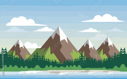 Fototapeta Naklejka Na Ścianę i Meble -  Bright vector landscape image, featuring mountains, green fields with flowers, trees, and a sunny sky. Ideal for nature themed designs and backgrounds