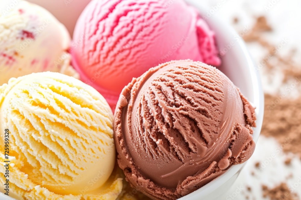 A bowl of various flavored scoops of ice cream including vanilla, strawberry, and chocolate, with cocoa powder in the background. A bowl of various flavored scoops of ice cream including vanilla, strawberry, and chocolate, with cocoa powder in the background.