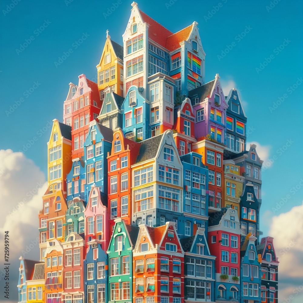 Illustration of colorful stacked Dutch houses - obrazy, fototapety, plakaty 