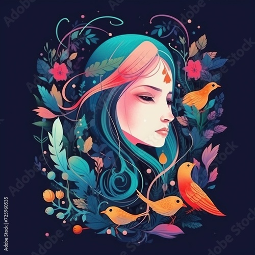 illustration, woman's face with flowers, leaves and birds with vibrant colors, fantasy