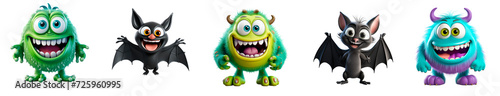 Cartoon Monsters Group on Transparent Background. Set of cute 3d characters monsters