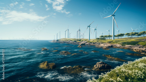 Panoramic view of wind farm or wind park, with high wind turbines for generation electricity. Green energy concept.