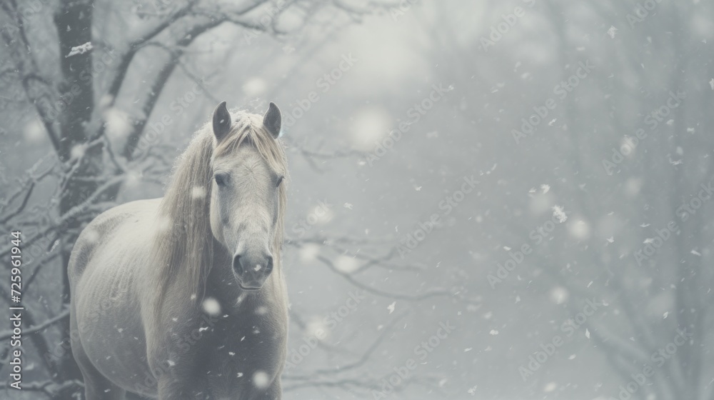 Close-up portrait of a white horse in winter in snowy weather Close-up portrait of a white horse in winter in snowy weather