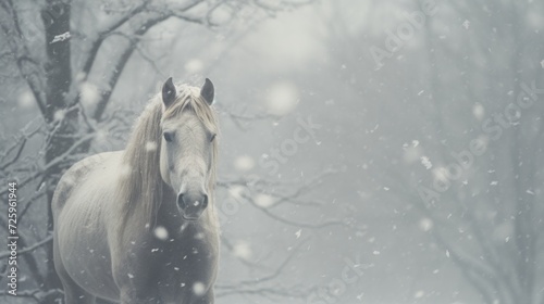 Close-up portrait of a white horse in winter in snowy weather