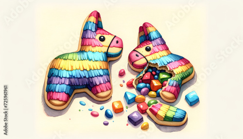Sugar cookies shaped donkey pinatas, one broken open to reveal candies. Cinco de Mayo.Fiesta banner and poster design.