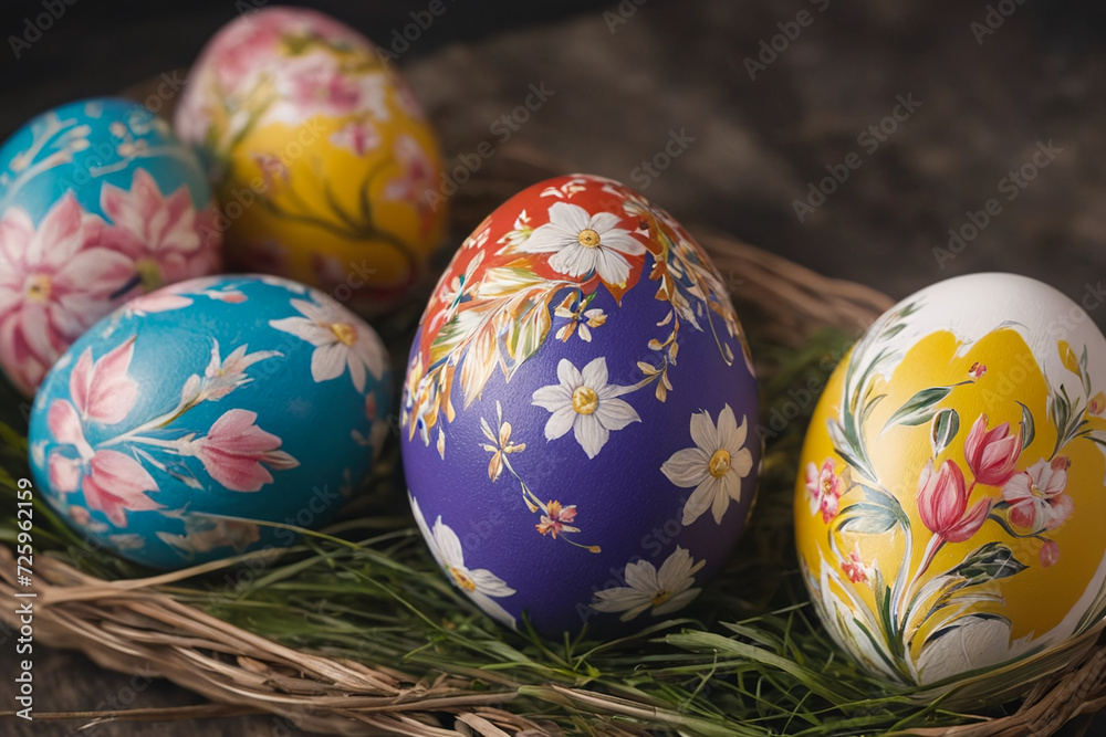 Fototapeta premium Heap of decorated colorful easter eggs