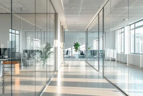 an office is shown with some white walls and tall glass wall