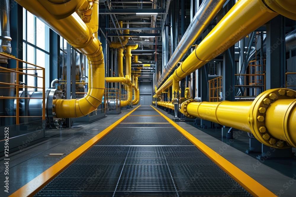 a corridor in an industrial plant with pipes and tubes