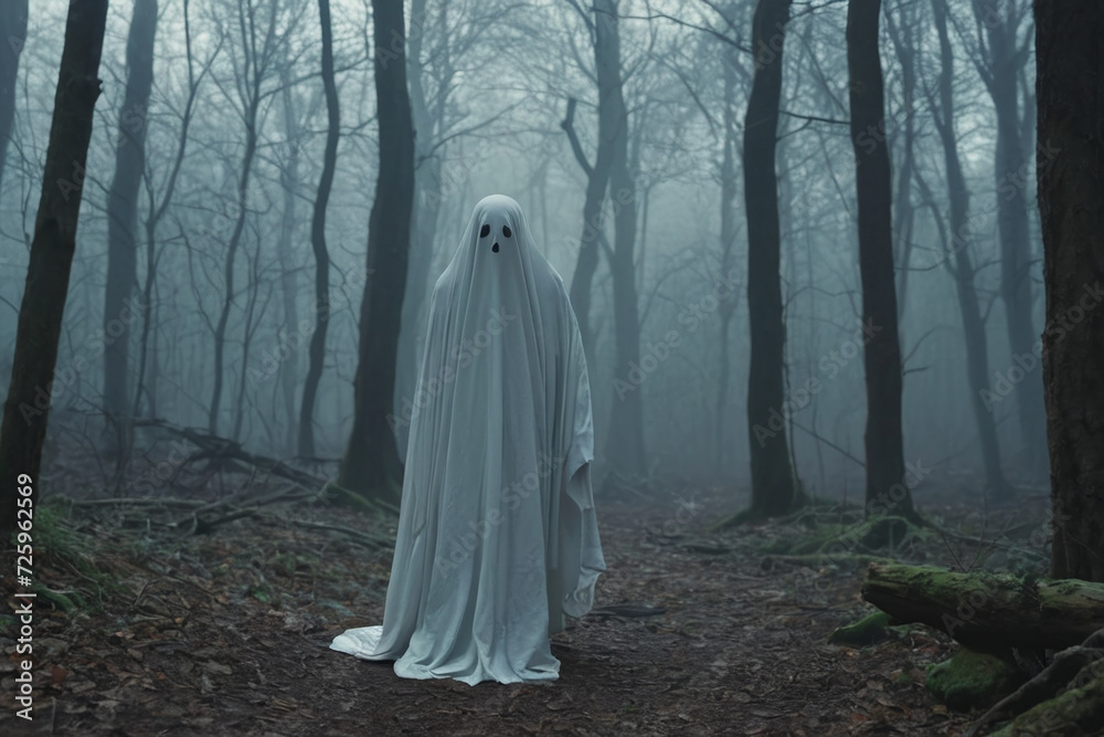 Scarry haunting ghost wearing sheet in forest Scarry haunting ghost wearing sheet in forest
