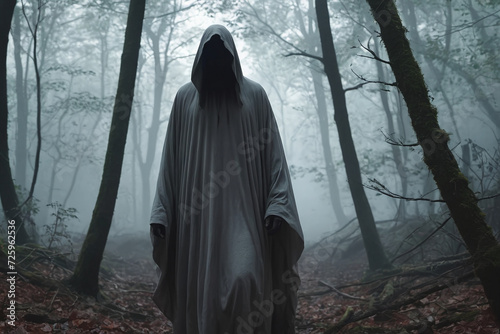 Scarry haunting ghost wearing sheet in forest