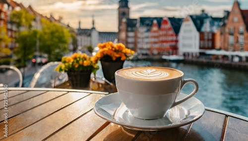 Coffee cup in a cafe in morning light in Copenhague.