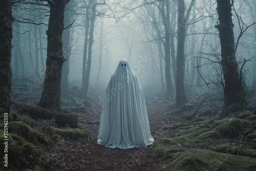 Scarry haunting ghost wearing sheet in forest