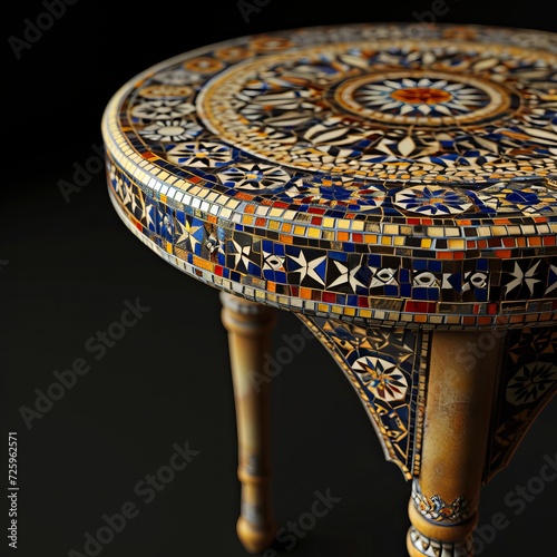 Round Mosaic Art Table with Blue, Gold, and White Tile Patterns, Vintage Furniture Isolated on Black Background