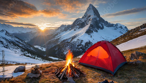 Camping tent and camping fire in front of snow-covered mountain landscape