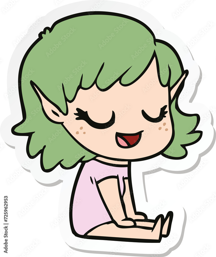 sticker of a happy cartoon elf girl sitting on floor sticker of a happy cartoon elf girl sitting on floor
