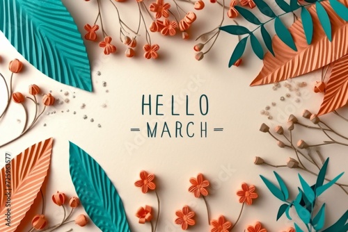 Hello March banner with abstract flower border Generative AI photo