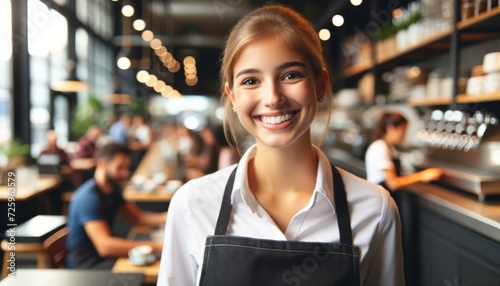 Friendly Waitress Smiling in Modern Cafe, Customer Service Concept