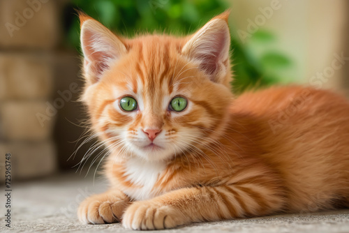 Adorable red kitten cat with green eyes playing in garden. © Zsolt Biczó