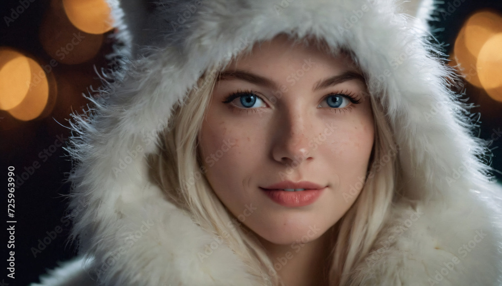 Polar Faerie Woman: Shy Smile, Icy Blue Eyes, White Fur Hoodie, Freckles, Dark Firework Sky, Elegant Jewelry