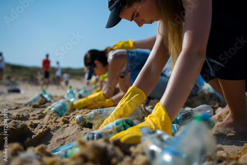 volunteers clean bottles from beach with gloves photo