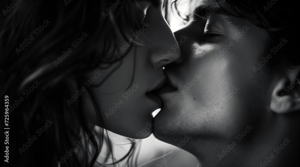 A close-up shot capturing the intimate moment of a person kissing a woman. Perfect for romantic themes and expressions of love, san valentines day concept A close-up shot capturing the intimate moment of a person kissing a woman. Perfect for romantic themes and expressions of love, san valentines day concept