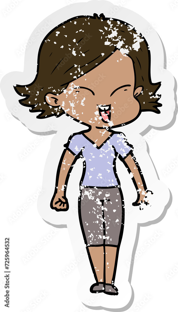 distressed sticker of a happy cartoon girl distressed sticker of a happy cartoon girl