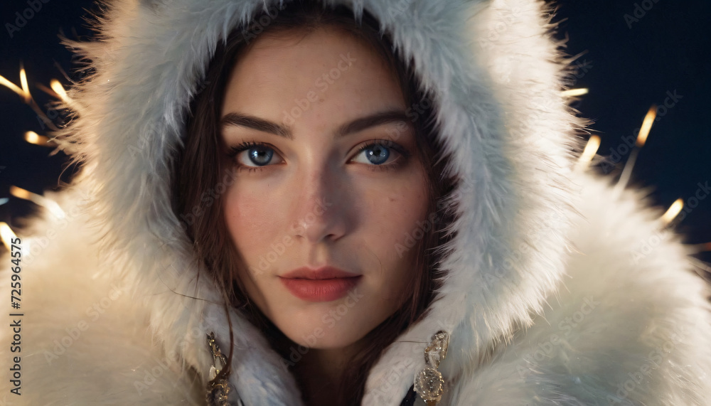 Young Polar Faerie Woman in White Fur Hoodie: Shy Smile, Icy Blue Eyes, Detailed Jewelry, Fireworks Night Sky, Freckles Young Polar Faerie Woman in White Fur Hoodie: Shy Smile, Icy Blue Eyes, Detailed Jewelry, Fireworks Night Sky, Freckles