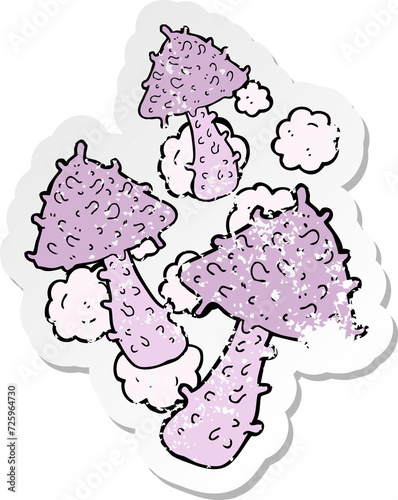 retro distressed sticker of a cartoon weird mushrooms