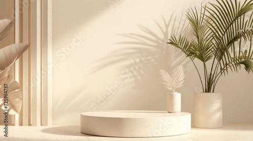 Beige 3D render of leaf podium for cosmetic product stage