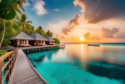 Amazing tropical resort with huts over blue water.Travel or vacation concept.Generative AI